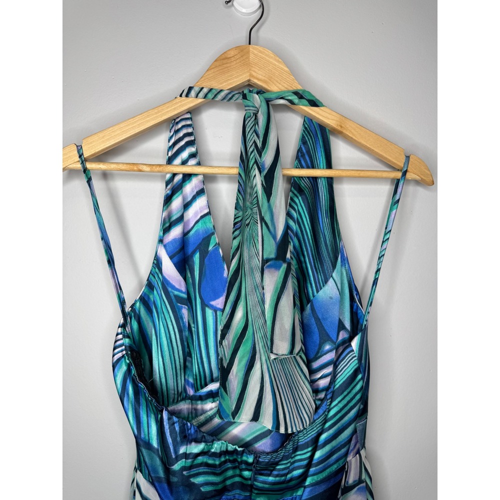 Y2K VTG Bethany Blue Teal Butterfly Print Halter Maxi Dress Ring Detail Size 10 - Picture 7 of 10